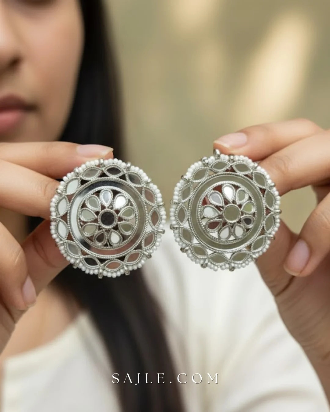 Elegant Oxidized Silver Mirror Work Stud Earrings for Women 1 Elegant Oxidized Silver Mirror Work Stud Earrings for Women 1