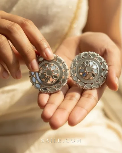Elegant Oxidized Silver Mirror Work Stud Earrings for Women 2