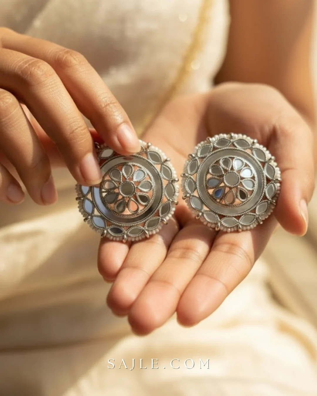 Elegant Oxidized Silver Mirror Work Stud Earrings for Women 2