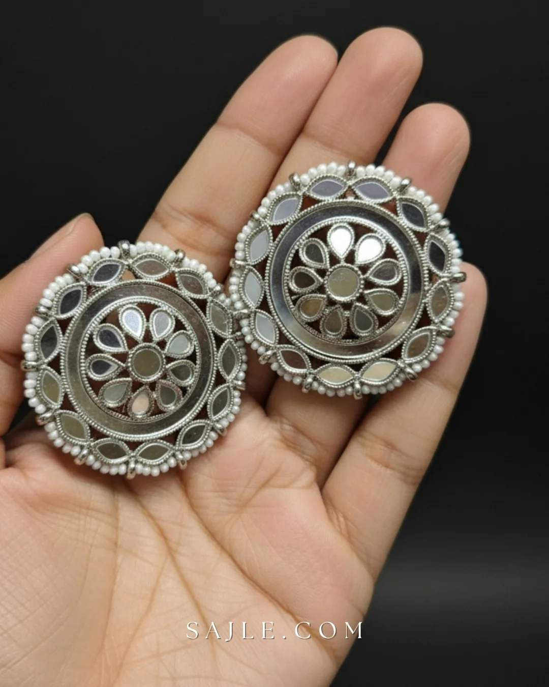 Elegant Oxidized Silver Mirror Work Stud Earrings for Women 3 Elegant Oxidized Silver Mirror Work Stud Earrings for Women 3