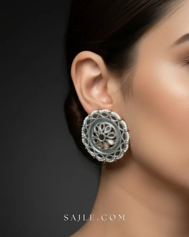 Elegant Oxidized Silver Mirror Work Stud Earrings for Women 4