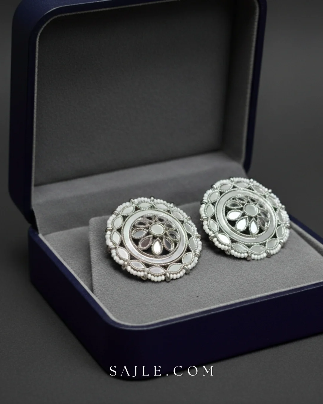 Elegant Oxidized Silver Mirror Work Stud Earrings for Women Elegant Oxidized Silver Mirror Work Stud Earrings for Women