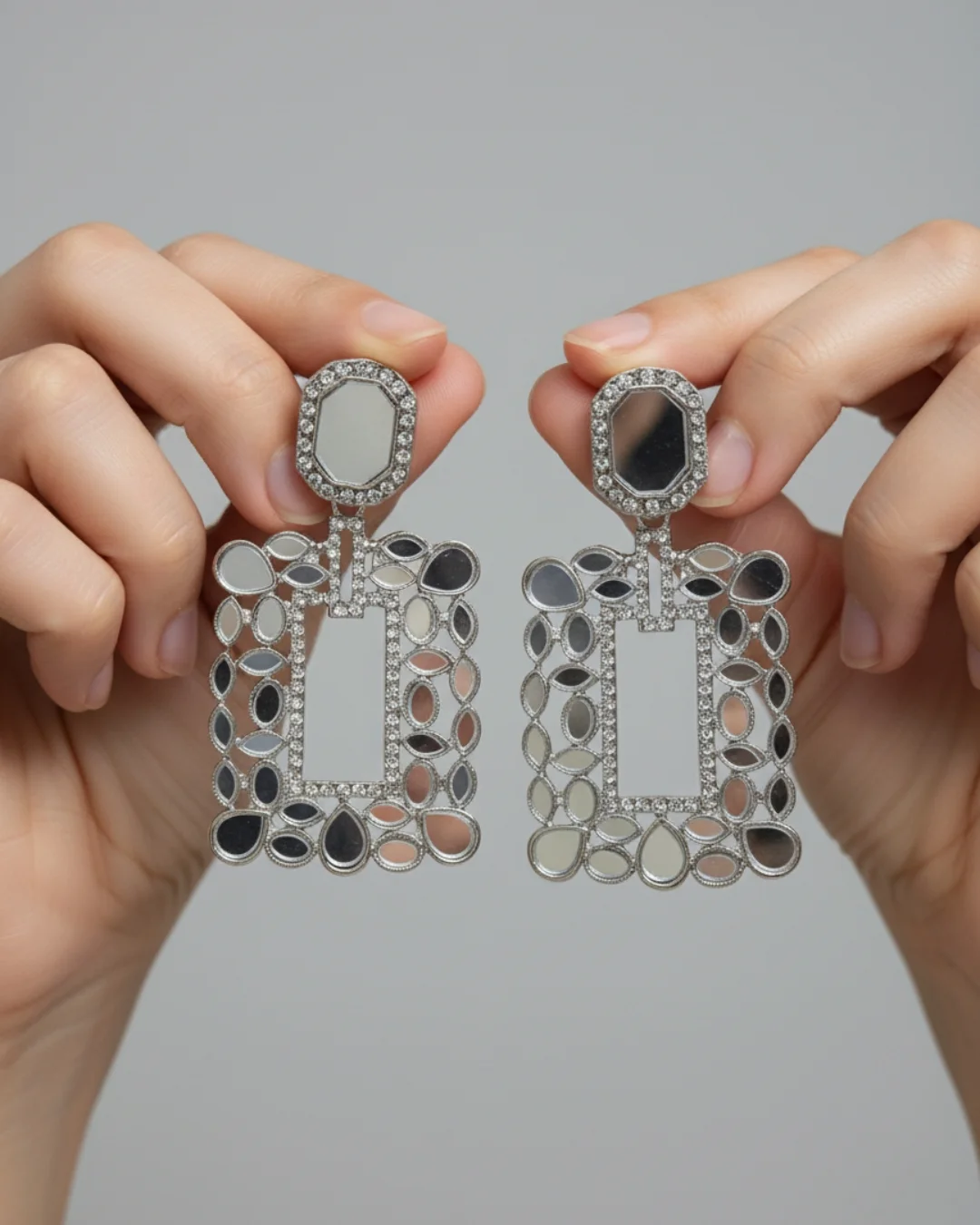 Fancy Party Silver-Tone Statement Mirror Drop Earrings For Women 1