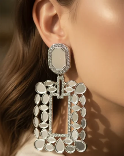 Fancy Party Silver-Tone Statement Mirror Drop Earrings For Women 3