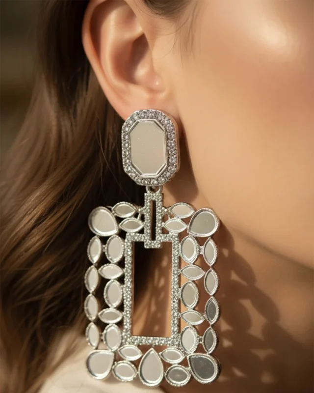 Fancy Party Silver-Tone Statement Mirror Drop Earrings For Women 3