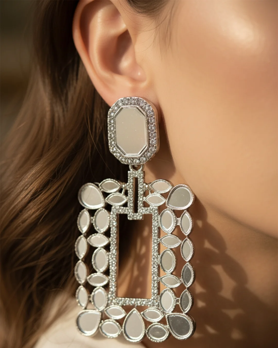 Fancy Party Silver-Tone Statement Mirror Drop Earrings For Women 3