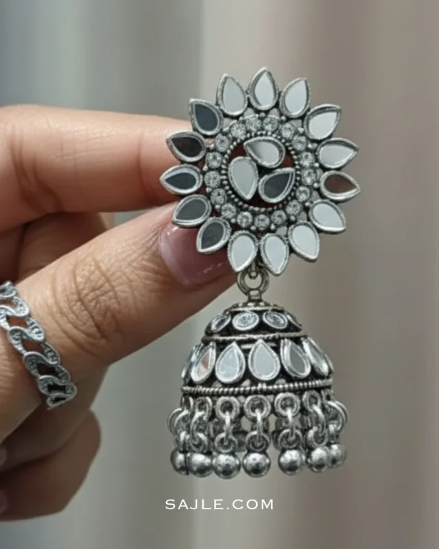 Oxidized Silver Flower Top Mirror Work Jhumka Earrings for Women 1
