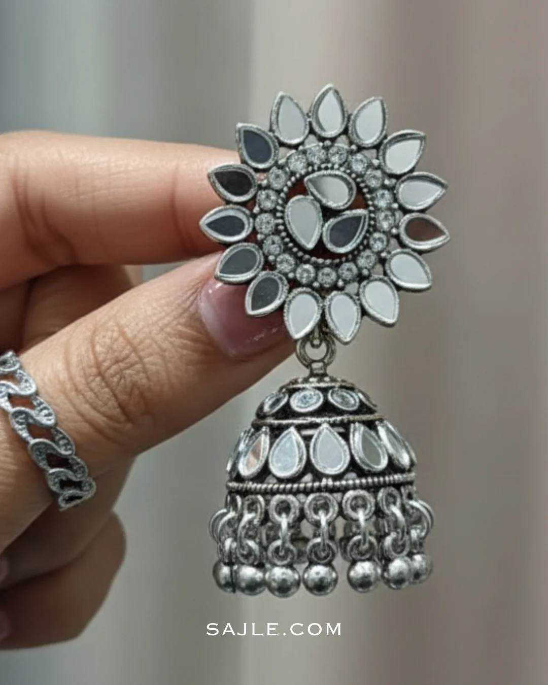 Oxidized Silver Flower Top Mirror Work Jhumka Earrings for Women 1