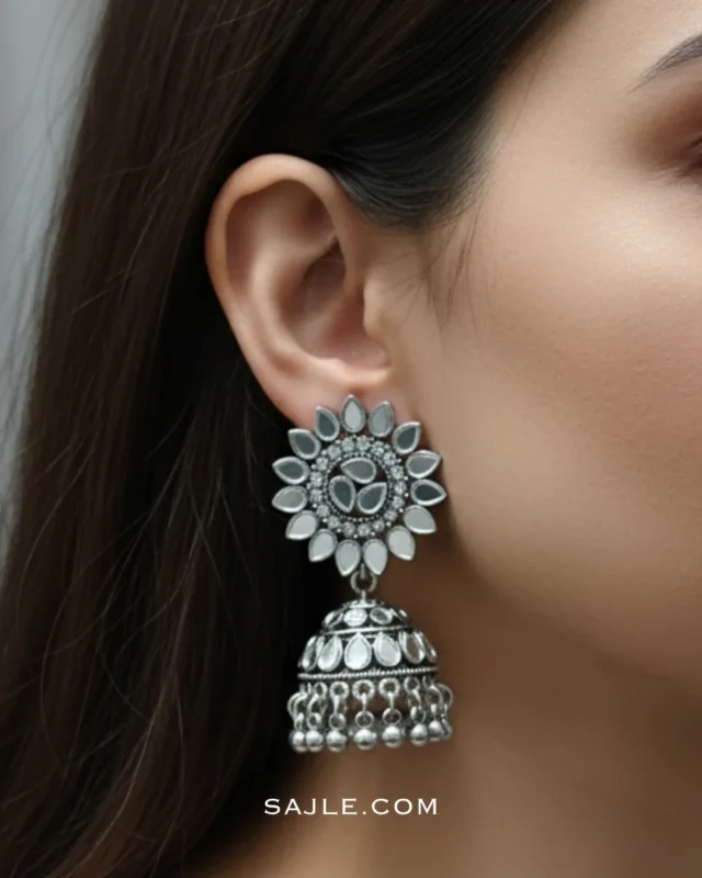 Oxidized Silver Flower Top Mirror Work Jhumka Earrings for Women