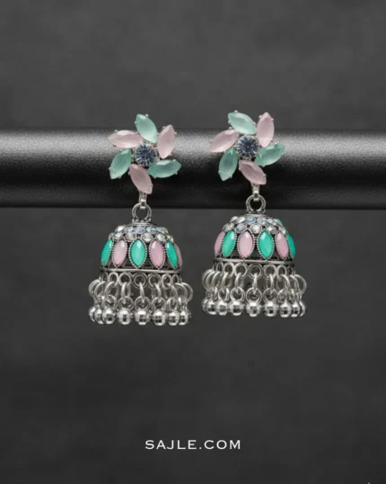 Pastel Pink & Green Enamel Floral Jhumka Earrings For Women 1