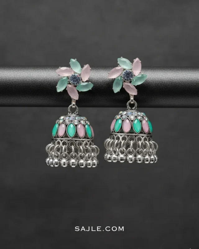 Pastel Pink & Green Enamel Floral Jhumka Earrings For Women 1