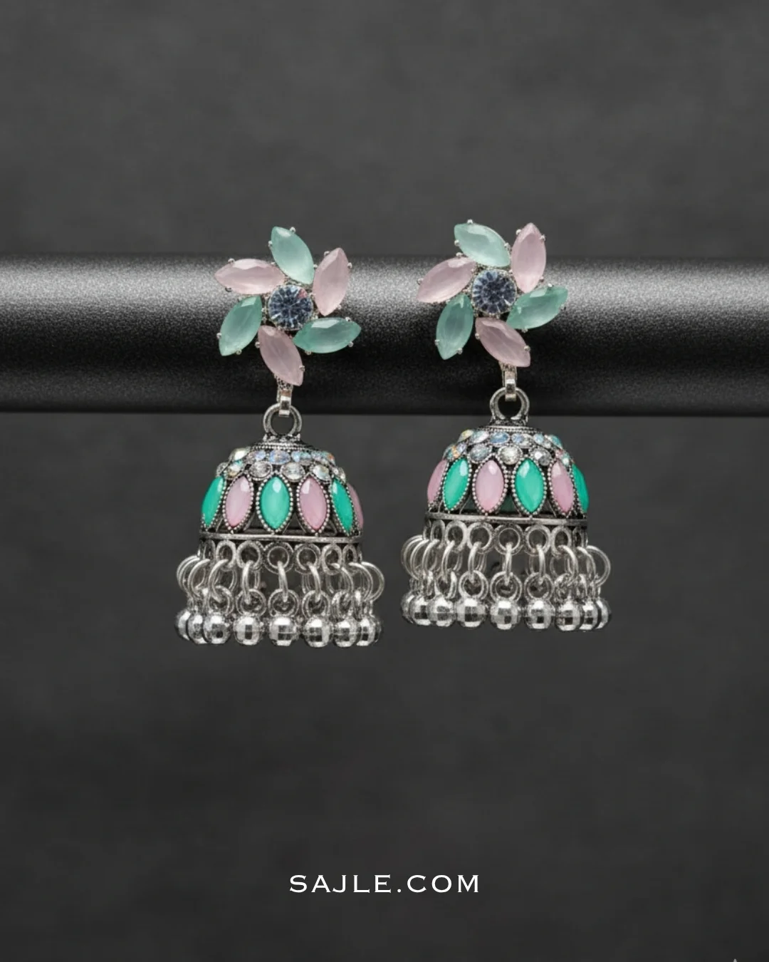 Pastel Pink & Green Enamel Floral Jhumka Earrings For Women 1