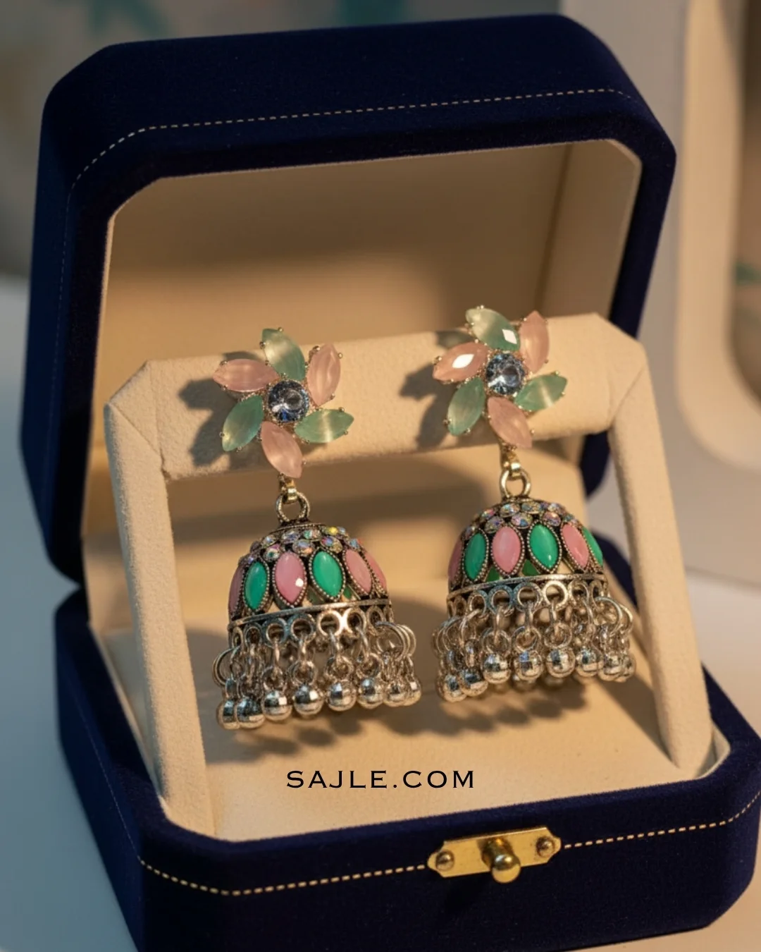 Pastel Pink & Green Enamel Floral Jhumka Earrings For Women 2 Pastel Pink & Green Enamel Floral Jhumka Earrings For Women 2