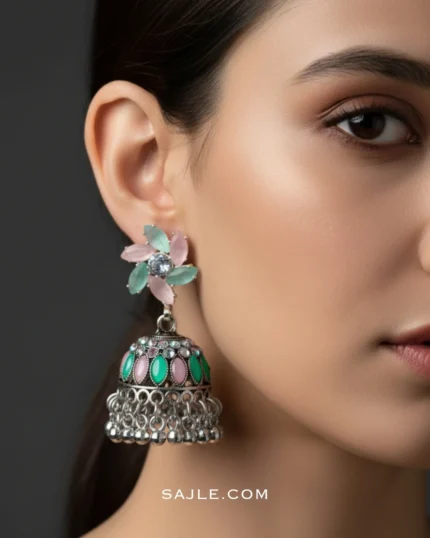 Pastel Pink & Green Enamel Floral Jhumka Earrings For Women